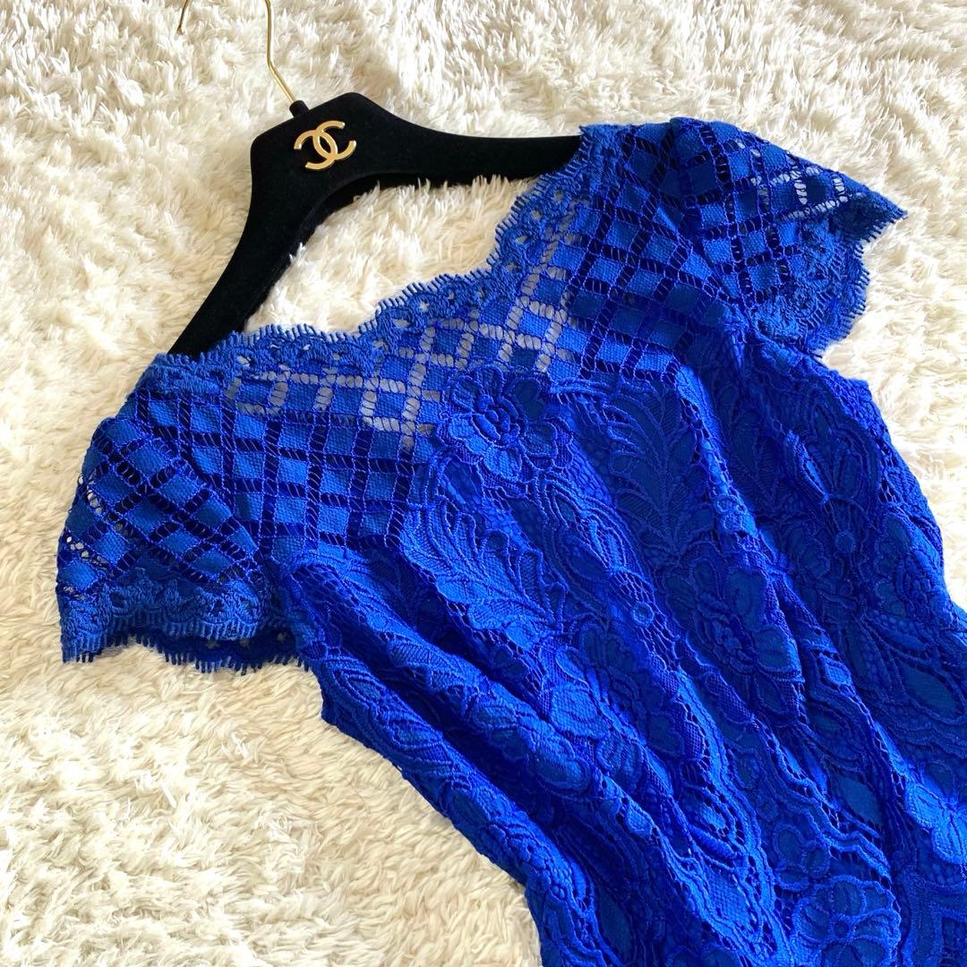 【美品】タダシショージ ロイヤルブルー フラワーレースワンピース カクテルドレス