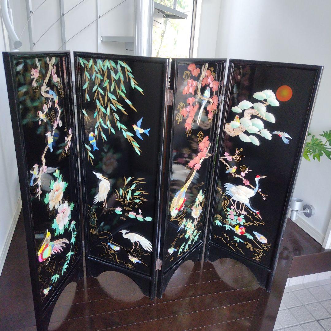 美品！骨董品 アンティーク 漆塗り 艶やか貝細工 花鳥風月 パーティション 屏風