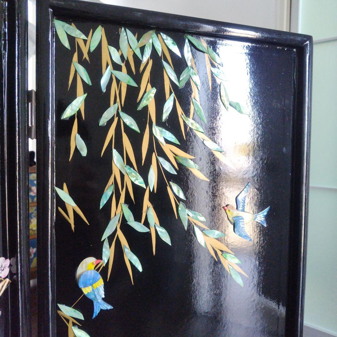 美品！骨董品 アンティーク 漆塗り 艶やか貝細工 花鳥風月 パーティション 屏風
