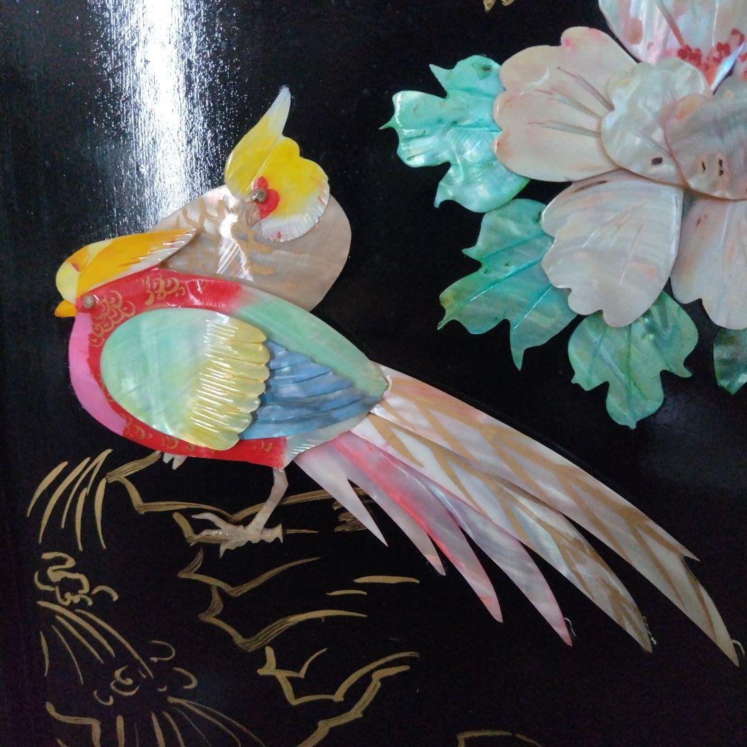 美品！骨董品 アンティーク 漆塗り 艶やか貝細工 花鳥風月 パーティション 屏風
