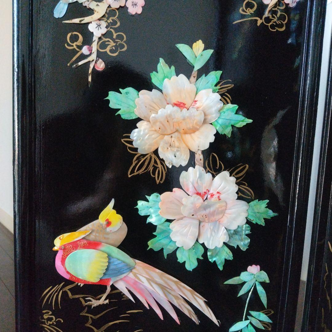 美品！骨董品 アンティーク 漆塗り 艶やか貝細工 花鳥風月 パーティション 屏風