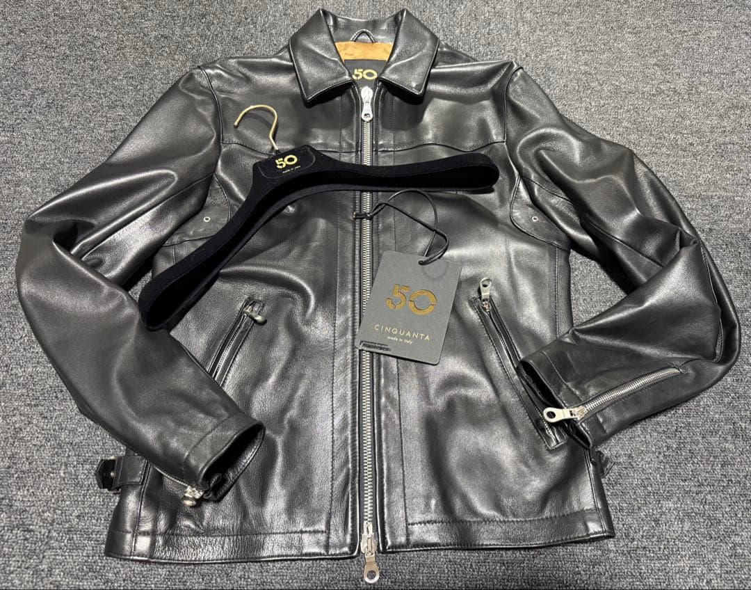 CINQUANTA チンクアンタ ナッパレザー 襟付 シングルライダース黒44