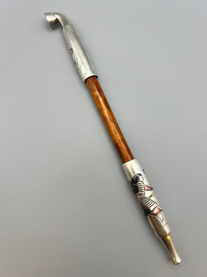 eee”即購入ok 銀煙管　武士梅図　金赤銅象嵌　キセル　銀細工　アンティ