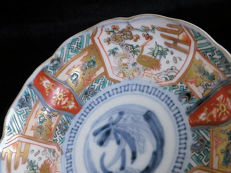 古伊万里　金襴手　鶴に松竹梅の図　４寸皿　２枚　E355AS-CBq