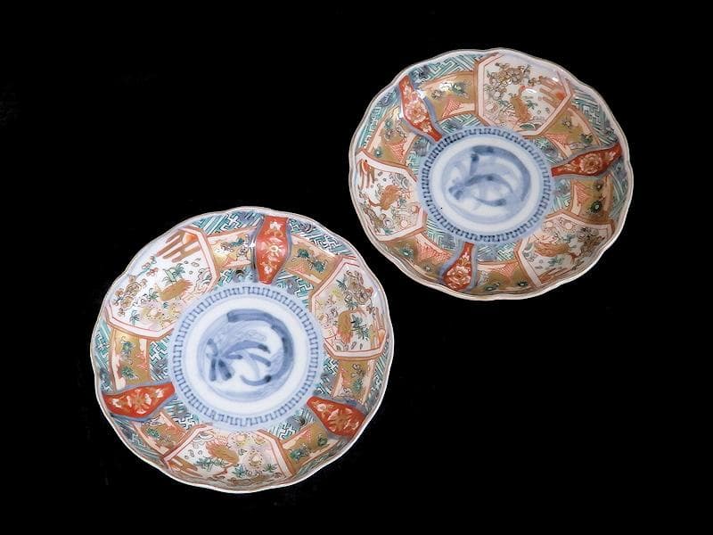 古伊万里　金襴手　鶴に松竹梅の図　４寸皿　２枚　E355AS-CBq