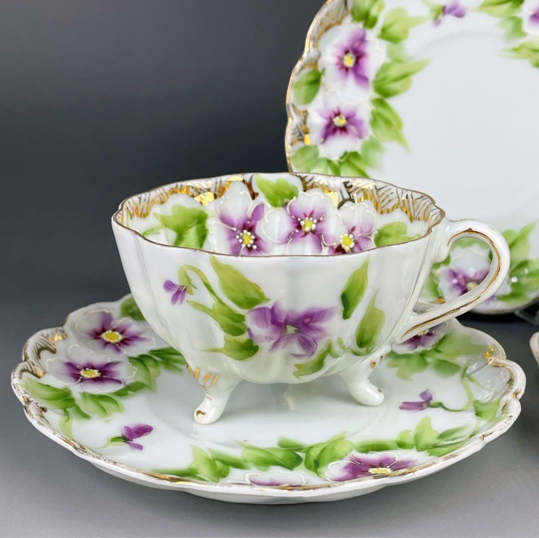 【美品】オールドノリタケ パンジー紋 ティーカップ２組 ビオラ 三つ脚 猫足