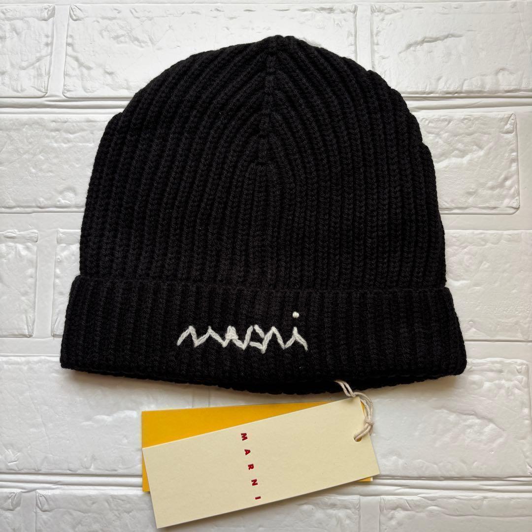 【新品未使用】MARNI 刺繍ロゴ リブ ニット帽 ニットキャップ
