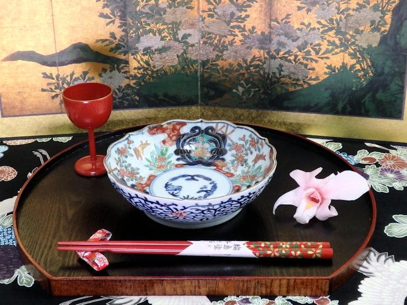 古伊万里　金襴手　兎に花の図　膾皿　２客　B338AS-CVa