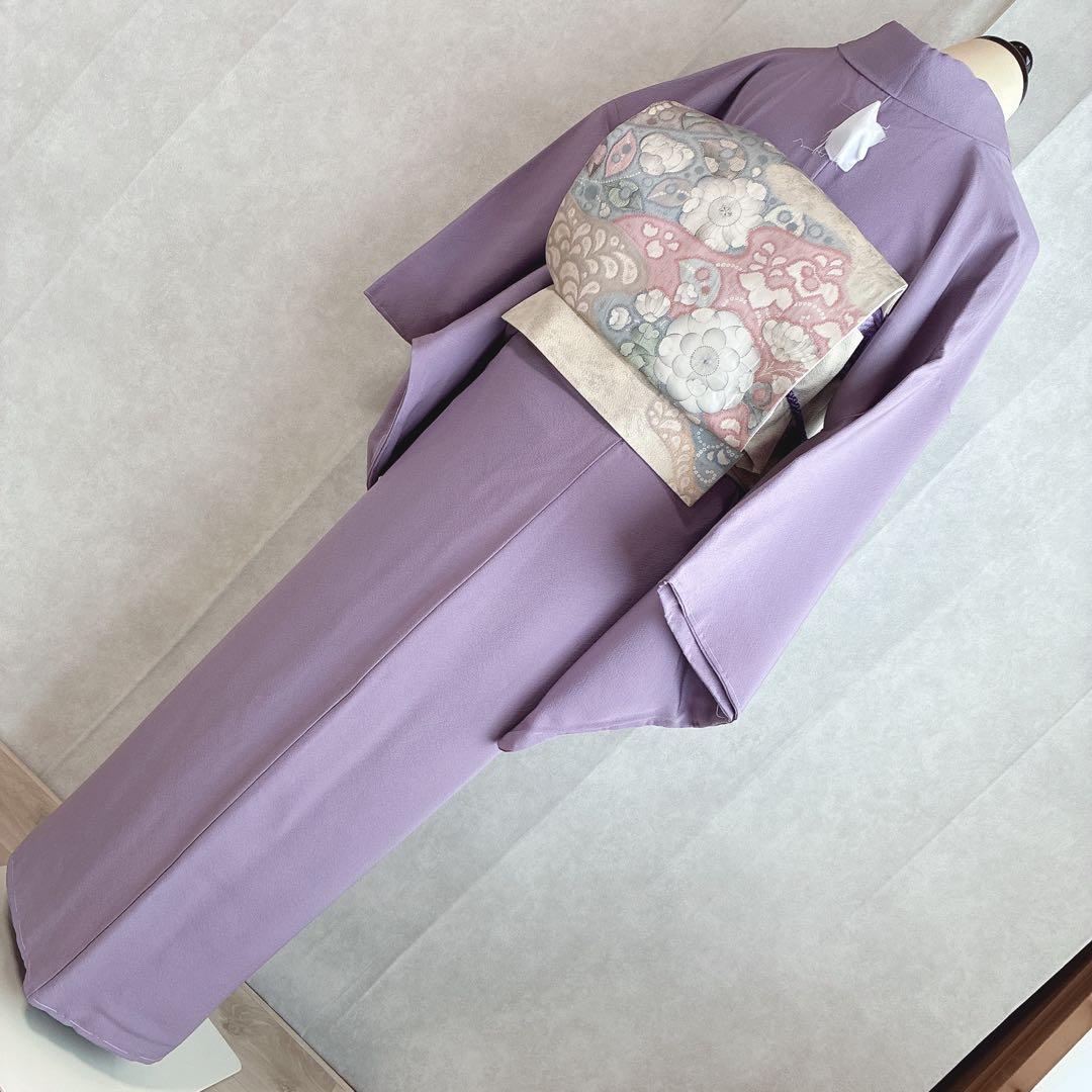 色無地　フルセット　着物　正絹　辻ヶ花の帯　しつけ糸つき　ロング丈　紫　J9