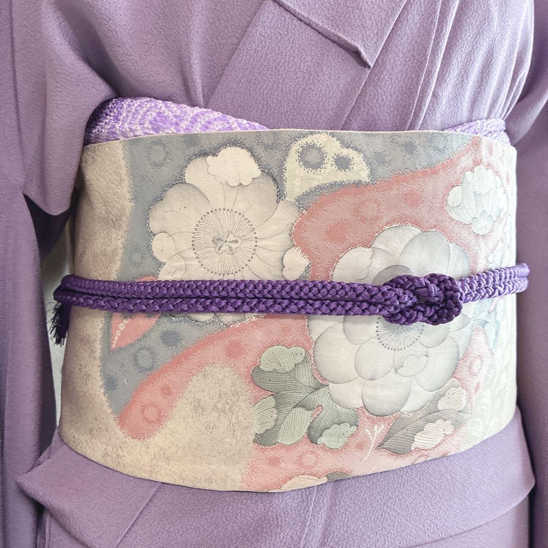 色無地　フルセット　着物　正絹　辻ヶ花の帯　しつけ糸つき　ロング丈　紫　J9