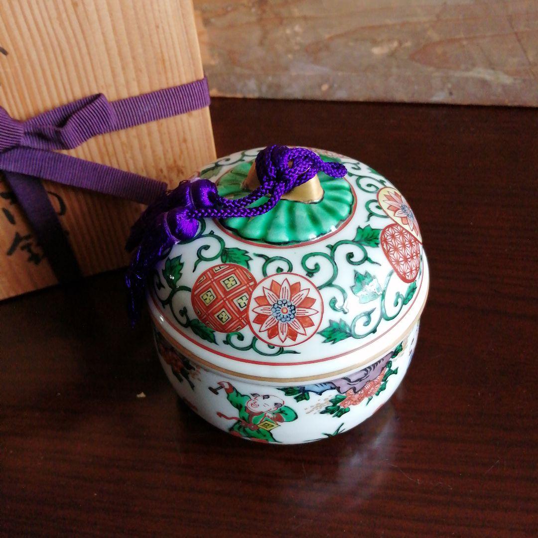 渋草焼　芳国舎　赤絵唐子紋陶鈴　11cm