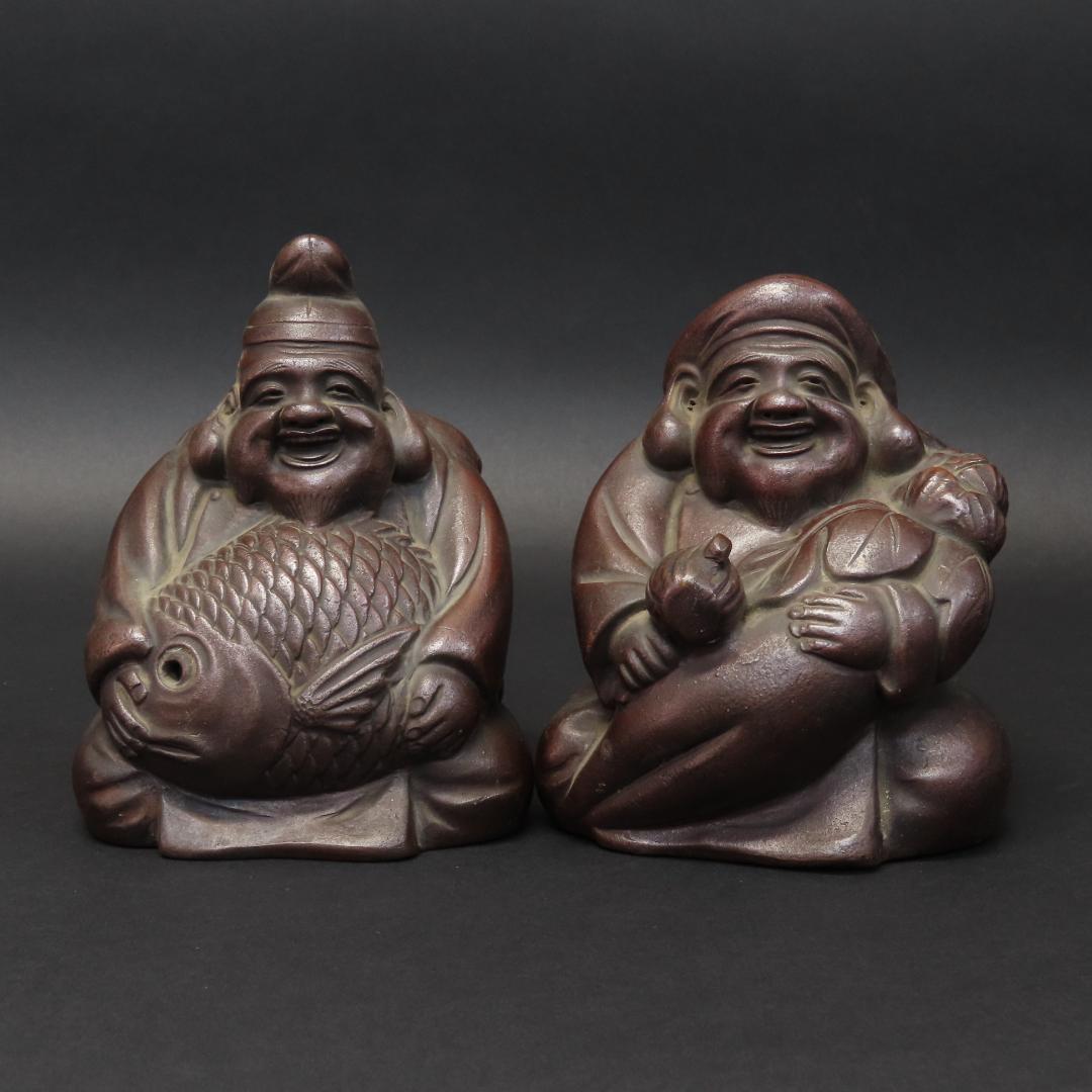 ⭕400 江戸時代末期 備前焼 鯛を持つ恵比寿様 大根を持つ大黒様 高さ13cm