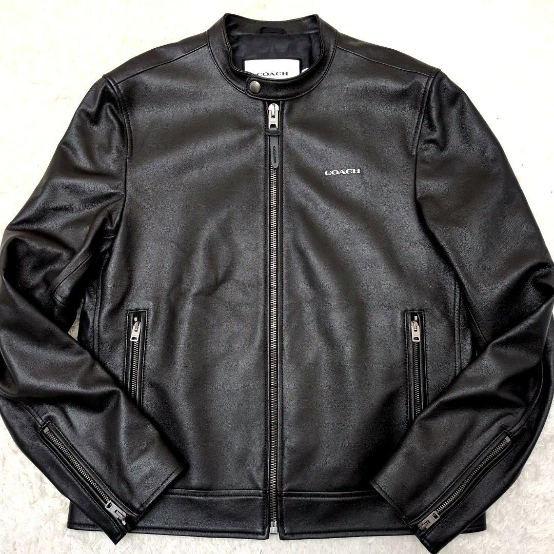 【未使用保管品 カバー付き】コーチ　ライダースジャケット　ラム　シグネチャー　黒