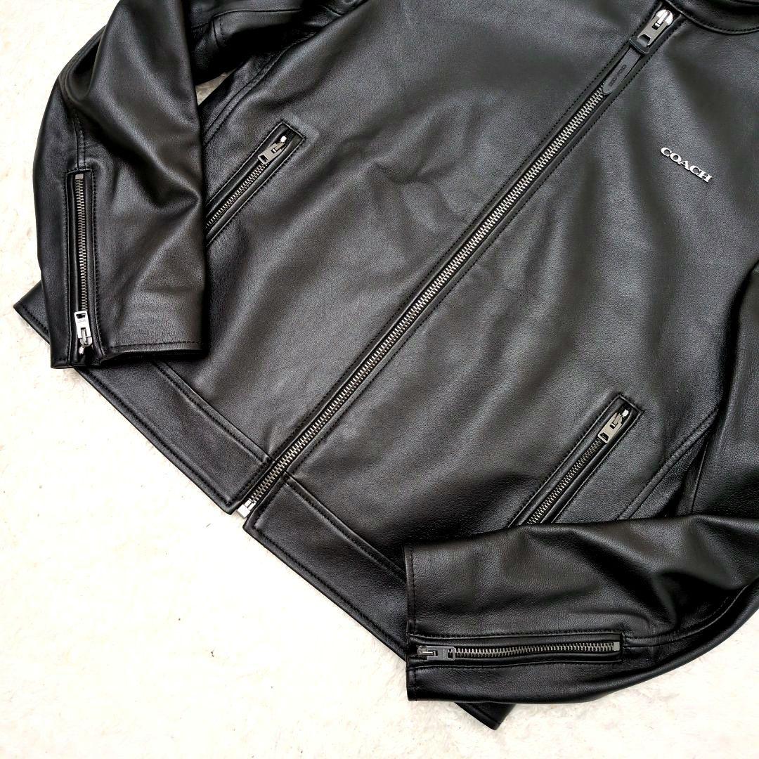 【未使用保管品 カバー付き】コーチ　ライダースジャケット　ラム　シグネチャー　黒