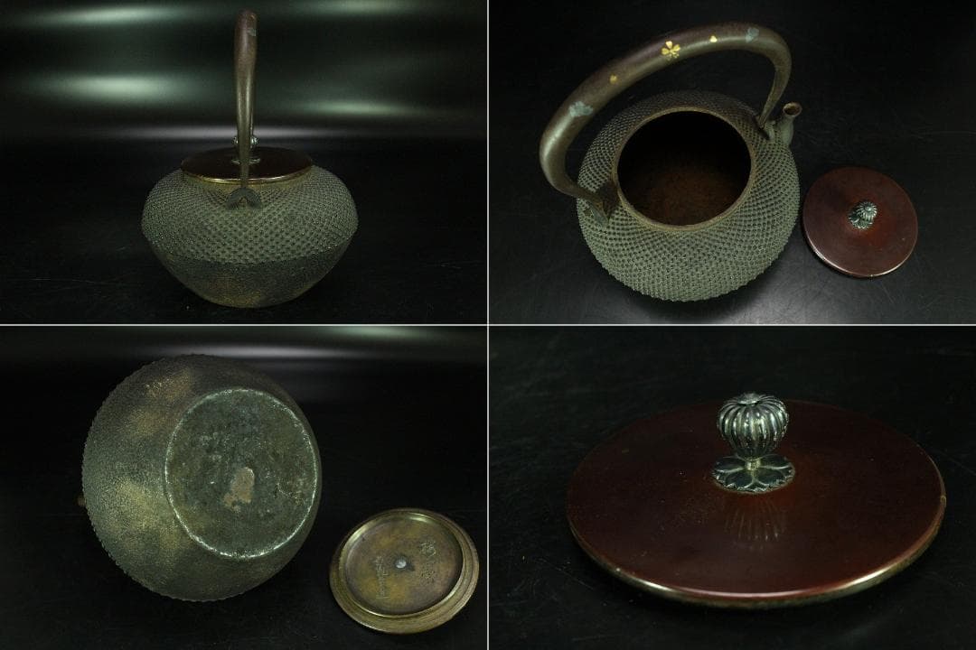 霰 鉄瓶 刻 金龍堂 梅正宗 銀摘み蓋 金銀象嵌 共箱(K-YC389)