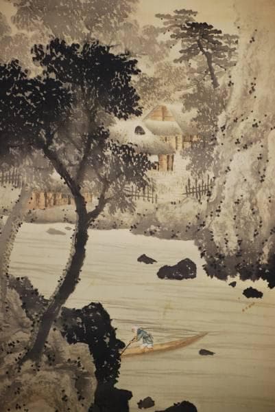 真作/景雲/山水漁師図/布袋屋掛軸HB-987