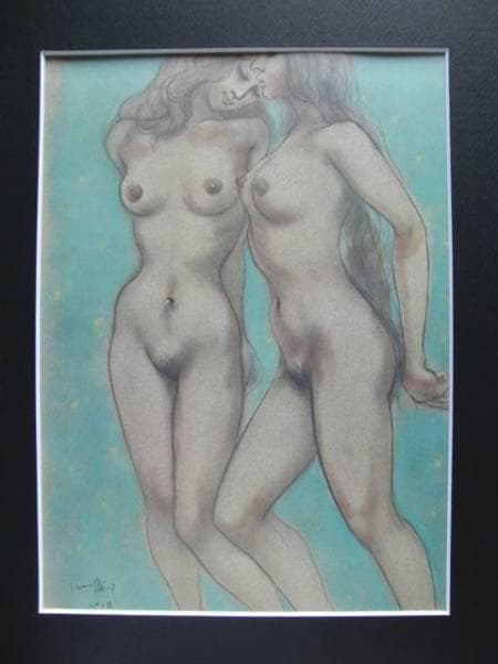 古沢岩美、星空の二人、希少大判画集画、新品額装付、状態良好