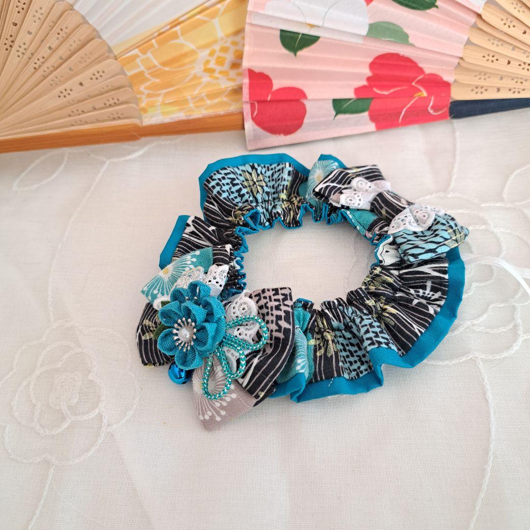 短毛シュシュ和風つまみ細工(黒×エメラルド)わんちゃん猫ちゃん用