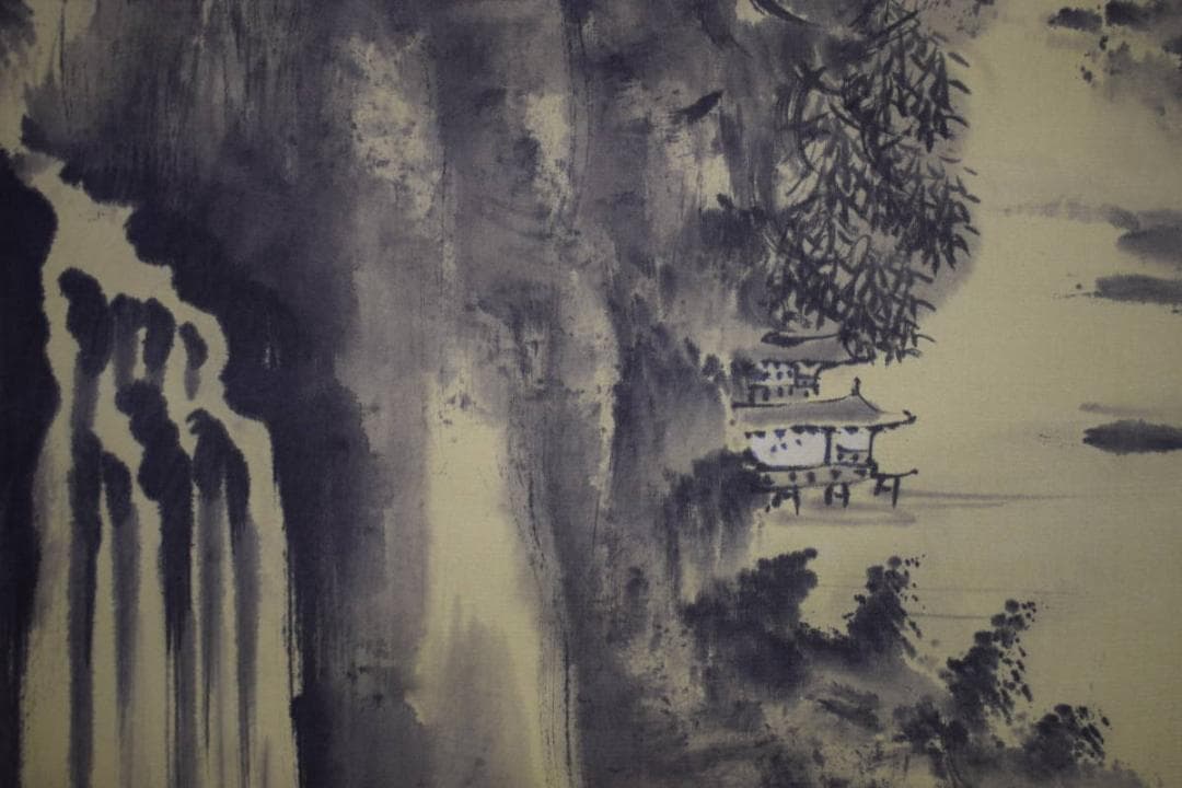 真作/龍峯/水村煙景色図/山水釣人図/中国画/布袋屋掛軸HJ-132