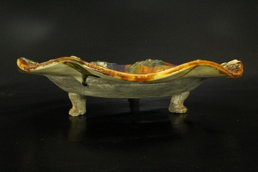 中国美術 唐三彩 双鳳紋 三足 盤 φ31cm 希少(LC247)