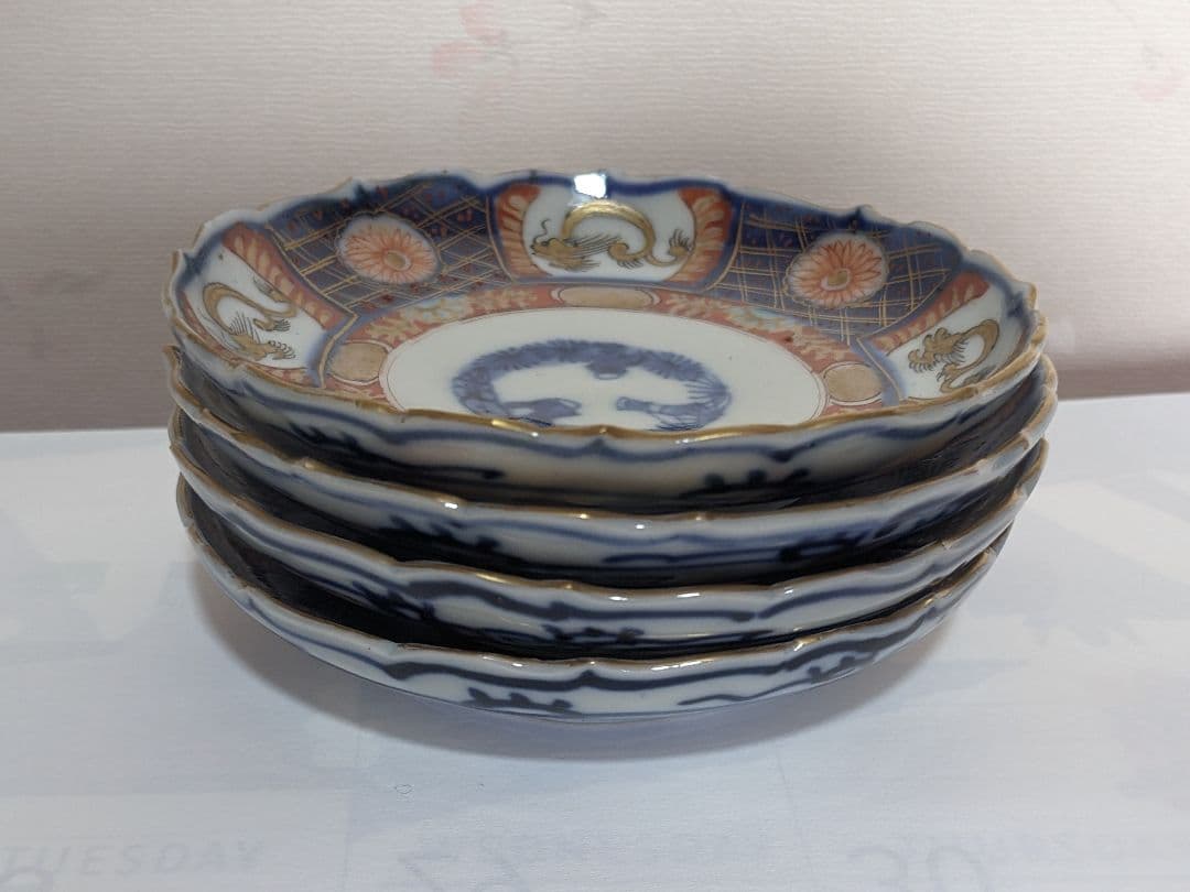 ♦江戸時代古伊万里 大明成化年製 染付金襴手 吉祥文 輪花豆皿 四枚組み 骨董品