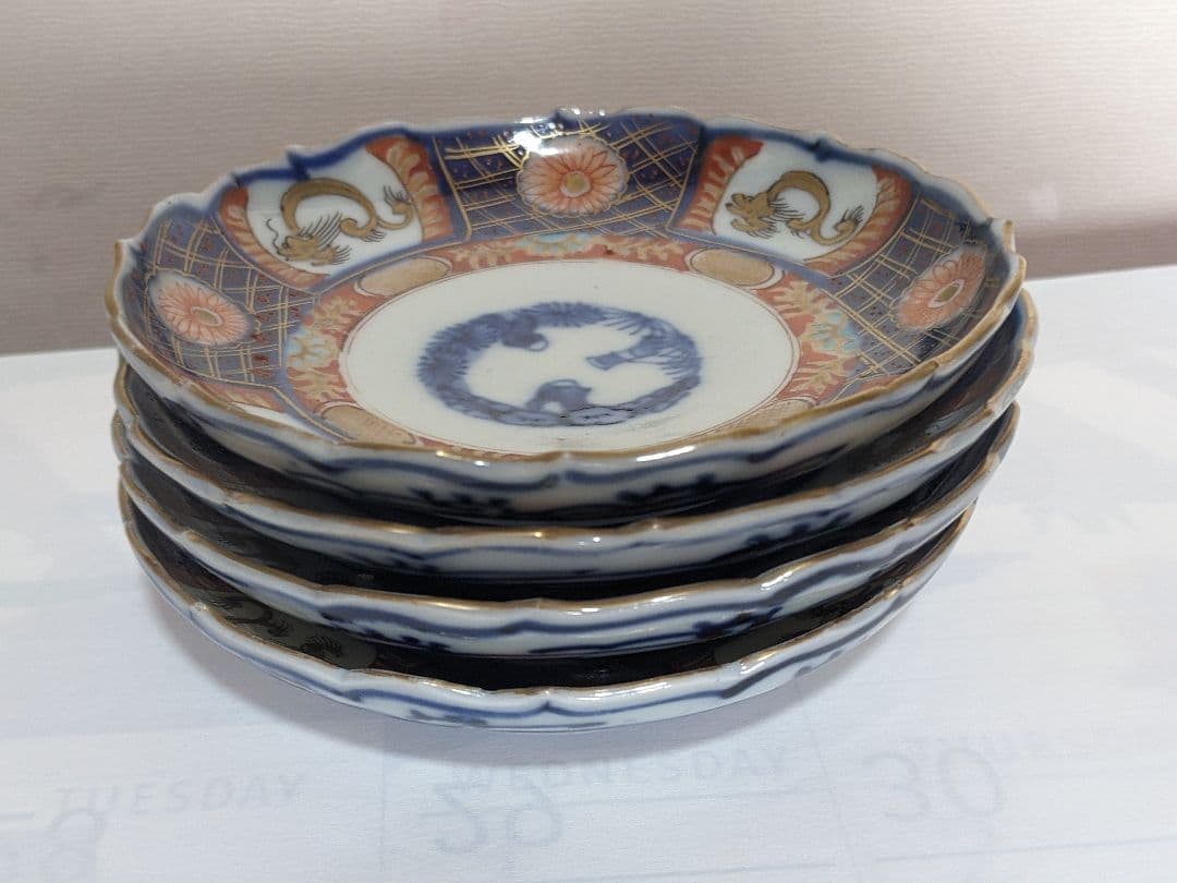 ♦江戸時代古伊万里 大明成化年製 染付金襴手 吉祥文 輪花豆皿 四枚組み 骨董品