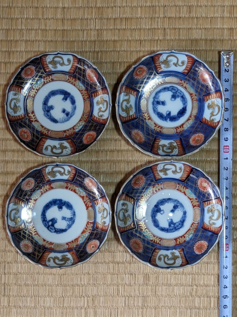 ♦江戸時代古伊万里 大明成化年製 染付金襴手 吉祥文 輪花豆皿 四枚組み 骨董品