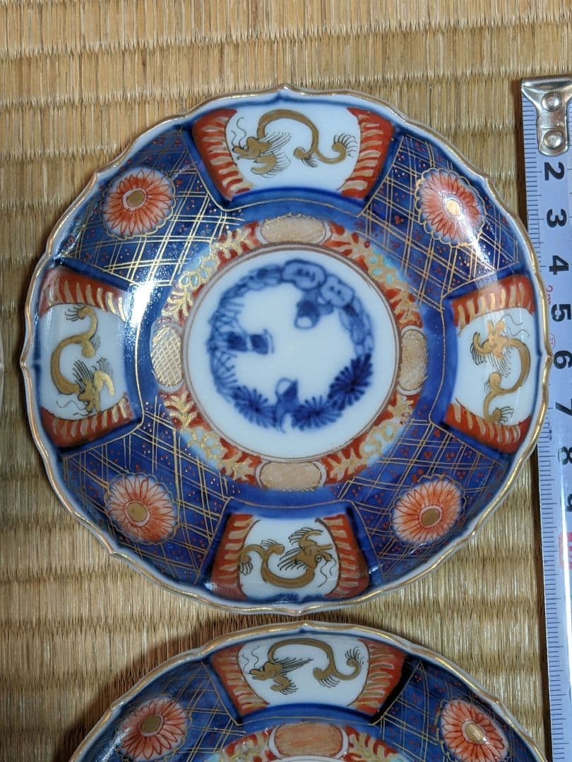 ♦江戸時代古伊万里 大明成化年製 染付金襴手 吉祥文 輪花豆皿 四枚組み 骨董品