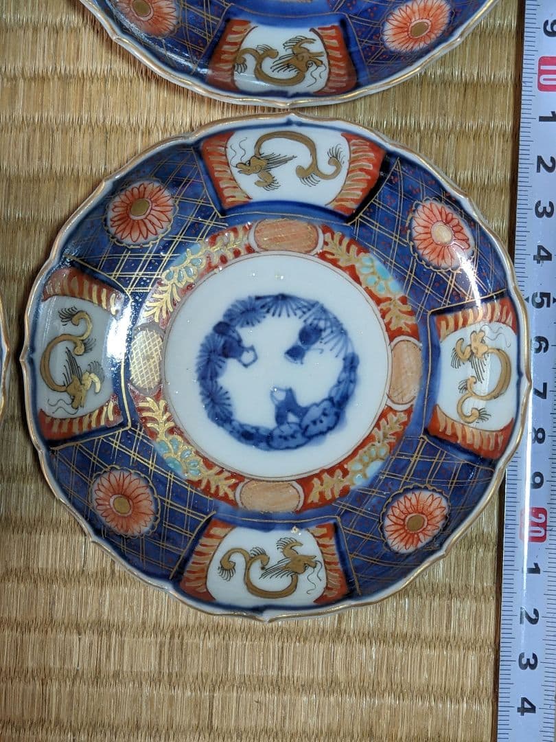 ♦江戸時代古伊万里 大明成化年製 染付金襴手 吉祥文 輪花豆皿 四枚組み 骨董品