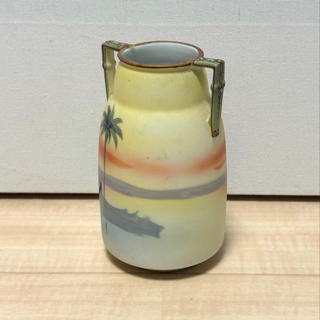 【極希少】オールドノリタケ ヤシの木風景文 両耳花瓶 M-NIPPON印 盛上げ