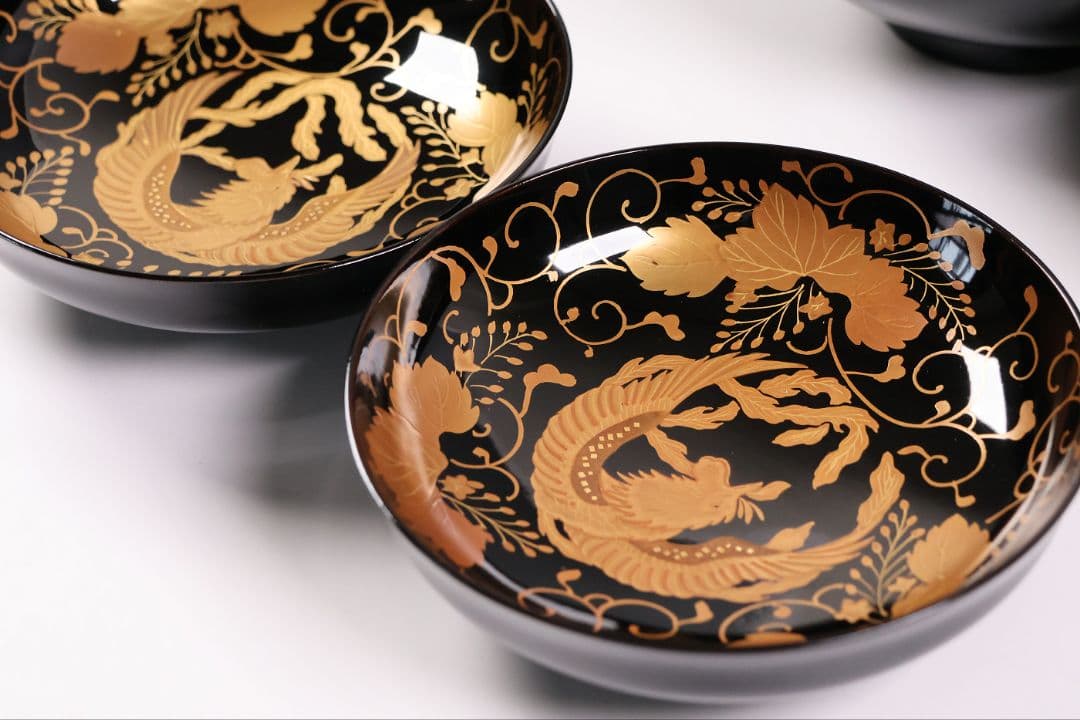 【MB193】天然木漆塗 鳳凰桐唐草 金蒔絵 黒塗 吸物椀 二客 大正昭和