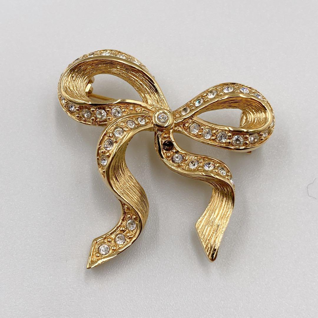 Christian Dior ディオール ブローチ リボンモチーフ ゴールド