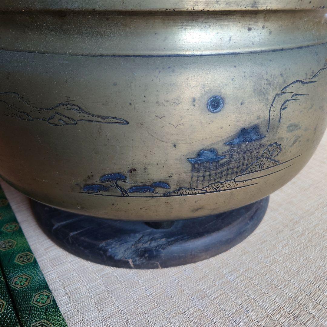金属真鍮製 火鉢 山水画の装飾