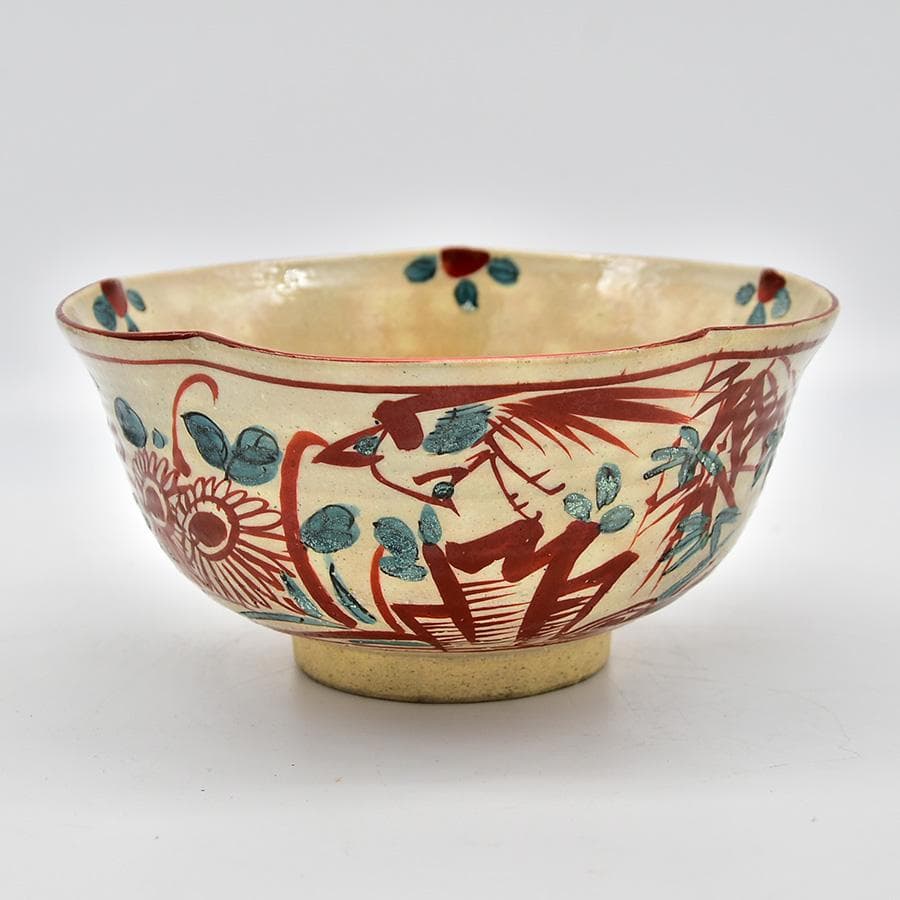 未使用 呉須赤絵輪花 菓子鉢 花鳥図 京 晴香在銘 茶道具 菓子器