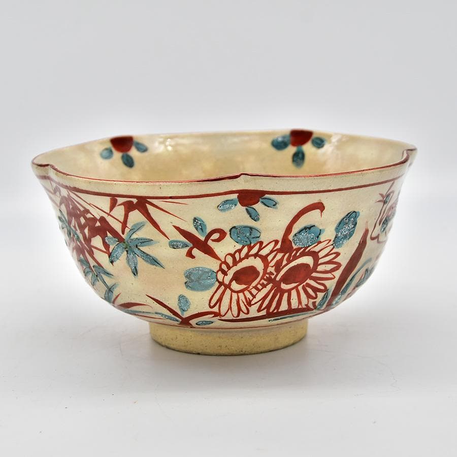 未使用 呉須赤絵輪花 菓子鉢 花鳥図 京 晴香在銘 茶道具 菓子器