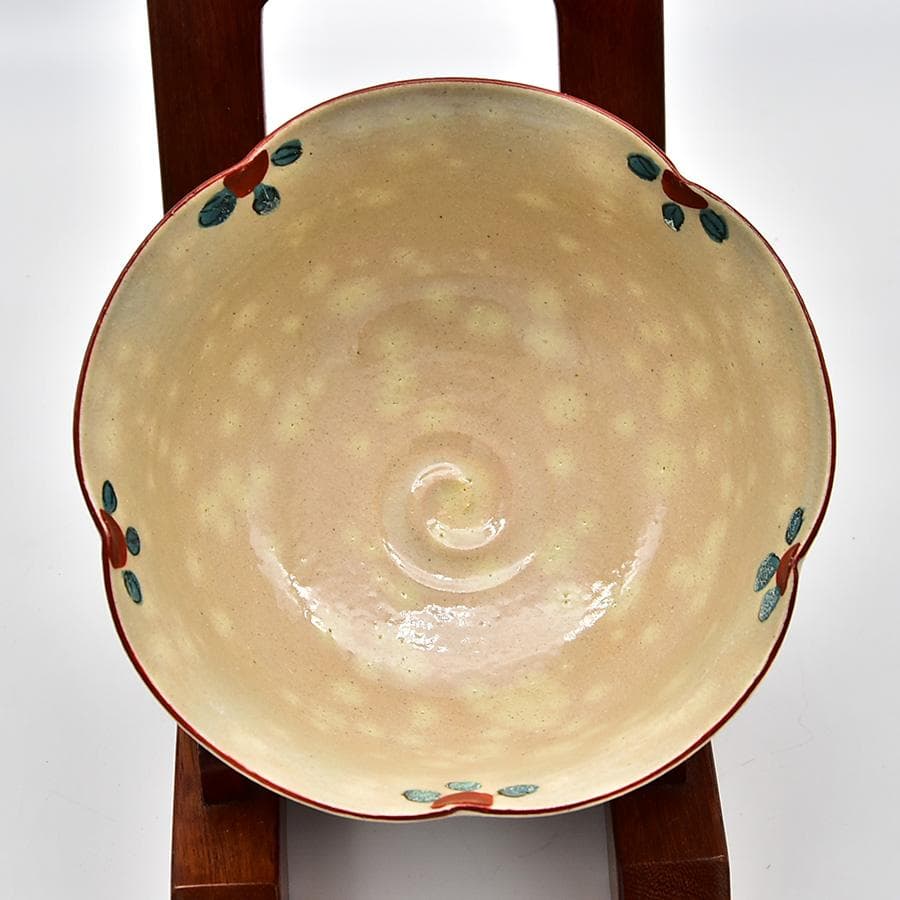 未使用 呉須赤絵輪花 菓子鉢 花鳥図 京 晴香在銘 茶道具 菓子器