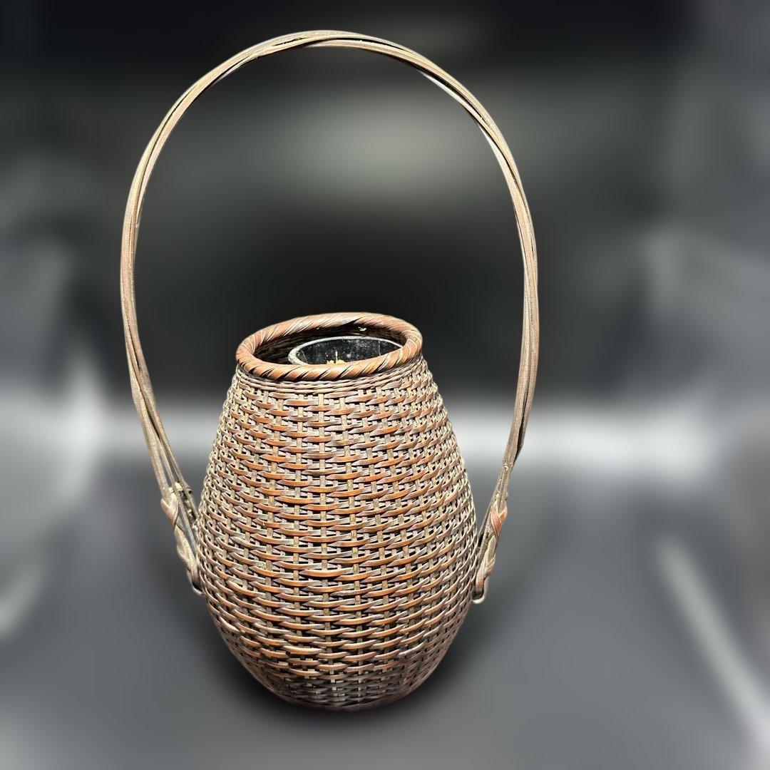 茶道具 竹編 手付花入 花籠 岩尾豊南 花器 竹製編み込みデザインかご