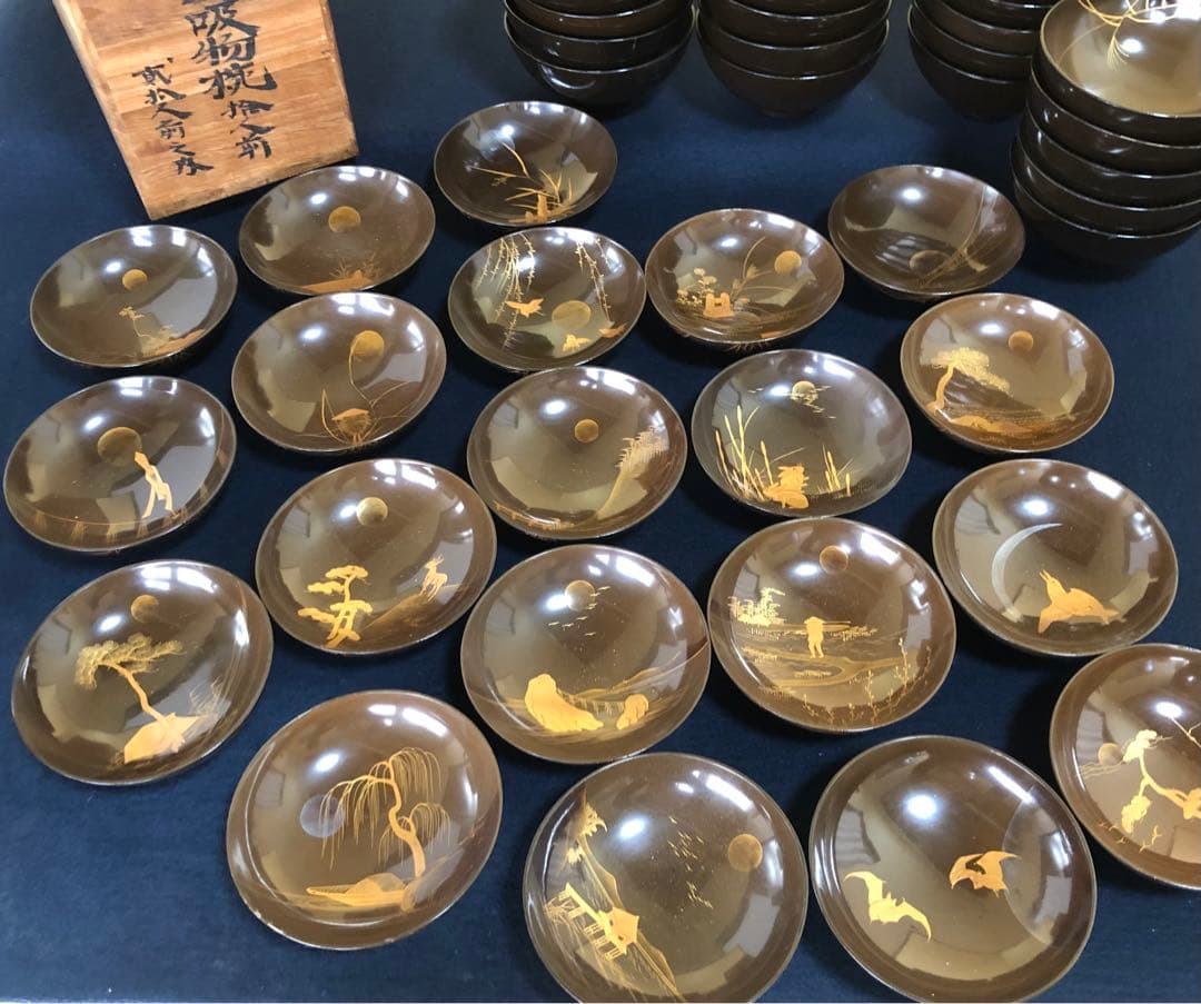 《R》懐石 蓋内絵変り蒔絵 吸物椀20客 木製漆器 木箱 時代 251016い3