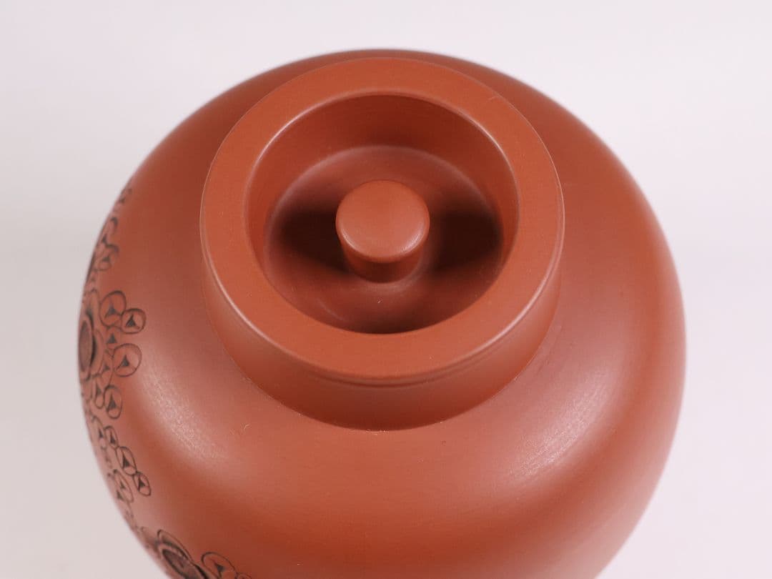 煎茶道具 陶元 常滑焼 朱泥 茶壺 梅彫紋 扇面寿 茶壷 茶入 陶芸 MB21