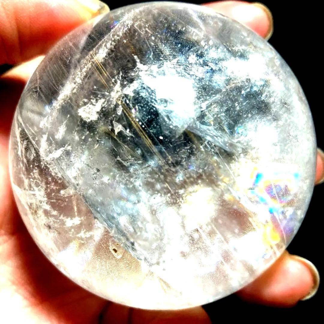 58mm 虹入りゴールドルチルクォーツ　丸玉　スフィア　金針水晶