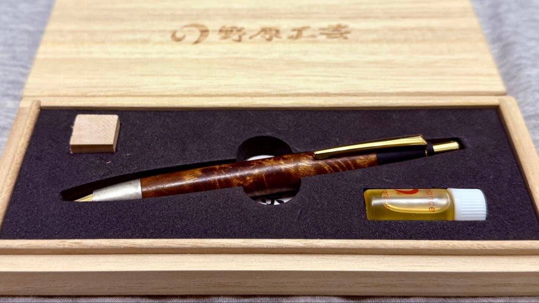 野原工芸 本店購入 マーブルウッド ボールペン 純銀斑紋金具付