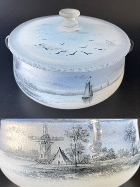 ドーム・ナンシー 阿蘭陀湖畔風景文　蓋物　エナメル　ジブレ グリザイユ　オランダ