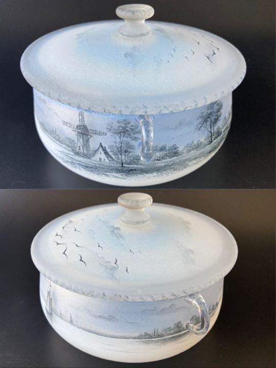 ドーム・ナンシー 阿蘭陀湖畔風景文　蓋物　エナメル　ジブレ グリザイユ　オランダ