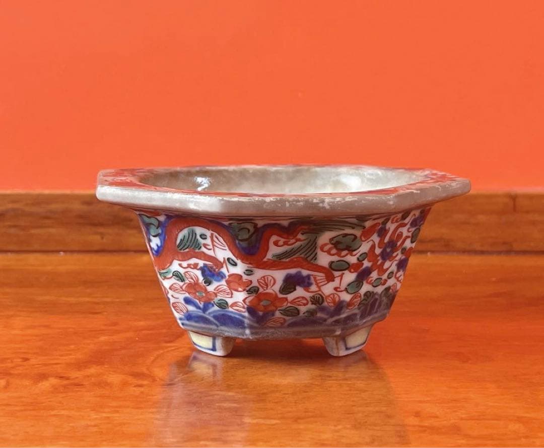 盆栽　大明萬暦年製　色絵雲龍鳳凰　鉢　中国鉢　盆栽小鉢 盆栽鉢 ミニ盆栽