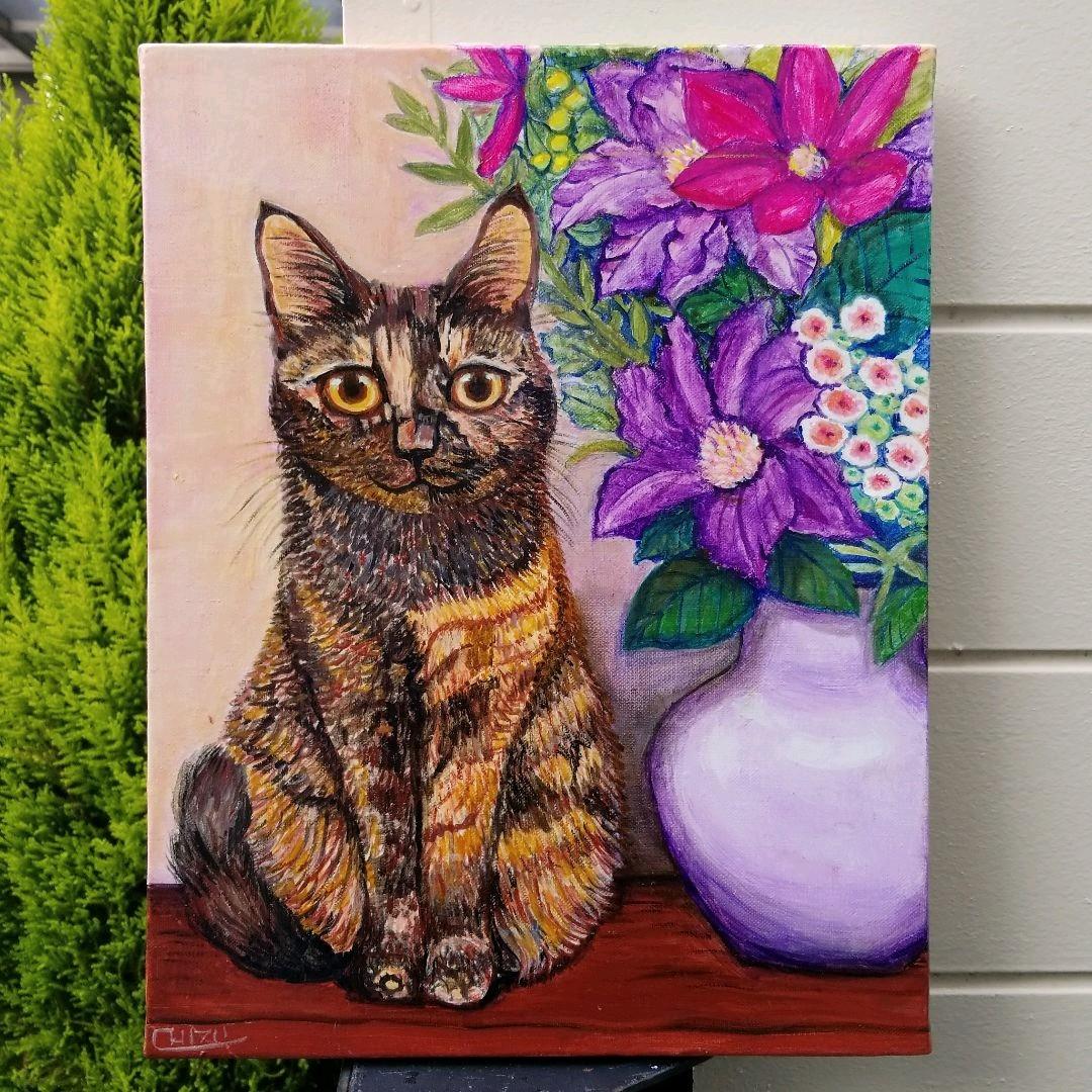 キャンバス油絵　キラ確認　お花と並んでおすまし華ちゃん