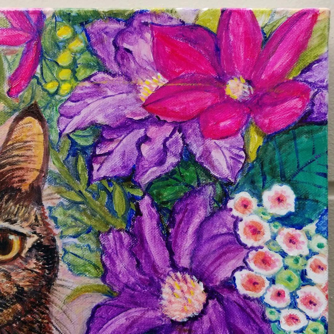 キャンバス油絵　キラ確認　お花と並んでおすまし華ちゃん