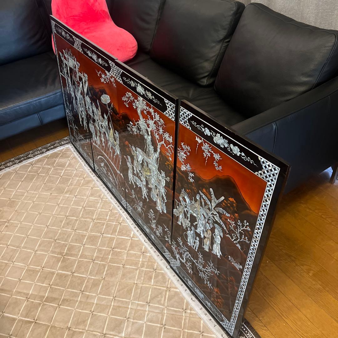 ★☆中国美術 屏風/衝立 4連衝立 螺鈿細工/漆塗り 4枚