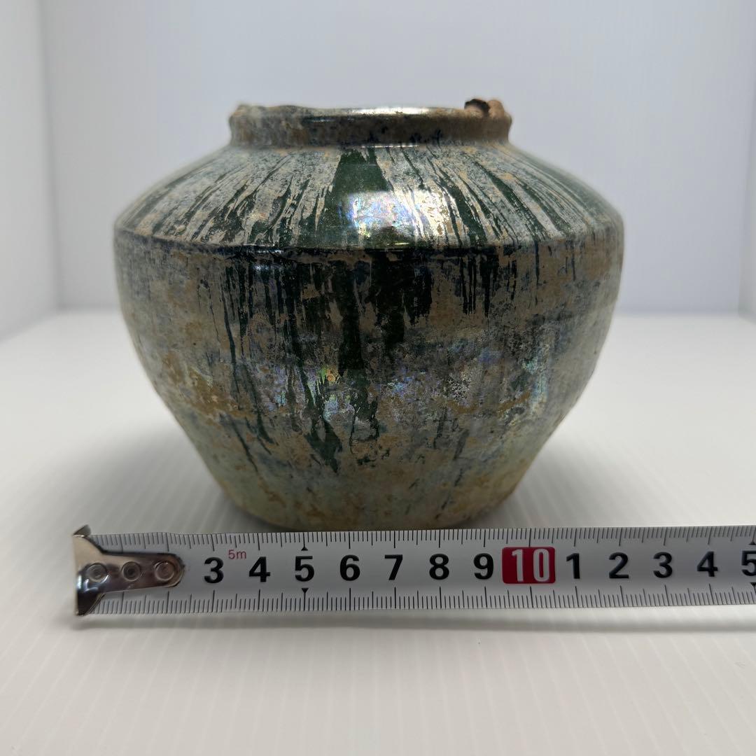 希少 中国 漢時代 漢緑釉 銀化小壺 壺 共箱付 土 泥 付き