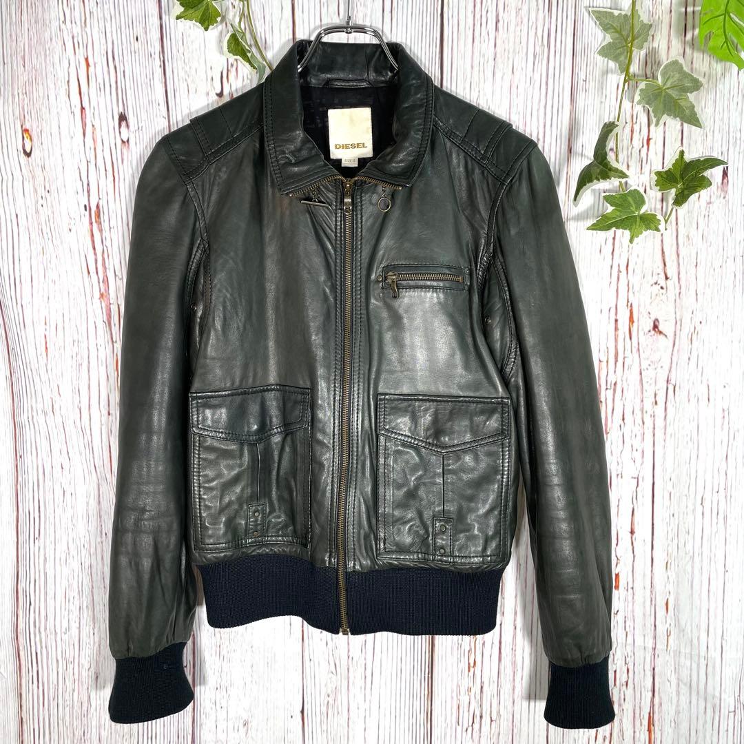 【人気】ディーゼル　レザージャケット　ライダースジャケット　シングル　緑　羊革