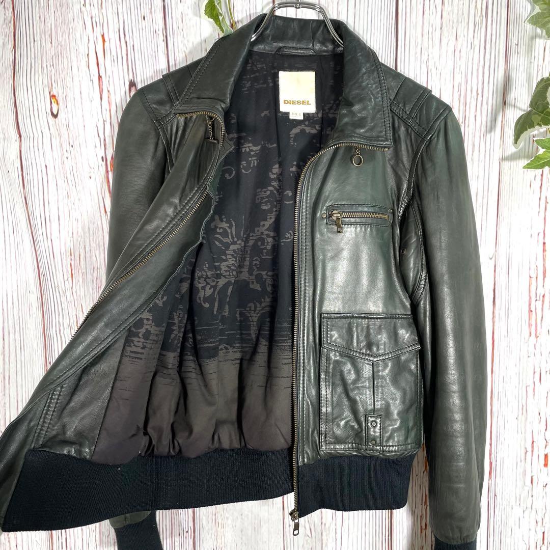 【人気】ディーゼル　レザージャケット　ライダースジャケット　シングル　緑　羊革